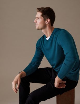

Mens Autograph Pure Extra Fine Merino Wool V-Neck Jumper - Teal, Teal