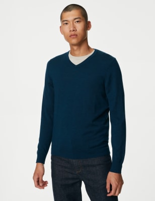 

Mens Autograph Pure Extra Fine Merino Wool V-Neck Jumper - Dark Kingfisher, Dark Kingfisher