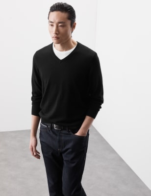 Autograph Mens Pure Extra Fine Merino Wool V-Neck Jumper - XSREG - Black, Black,Navy,Dark Charcoal,M