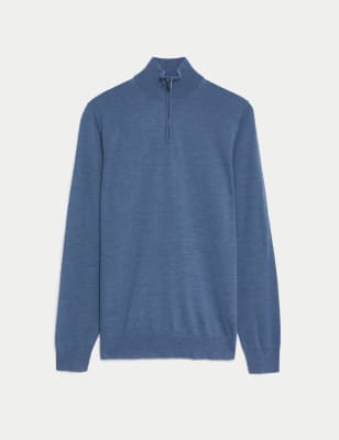 

Mens Autograph Pure Extra Fine Merino Wool Half Zip Jumper - Blue, Blue