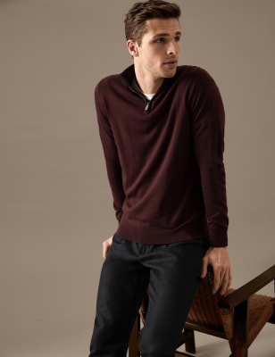 

Mens Autograph Pullover aus reiner, extrafeiner Merinowolle mit halbem Reißverschluss - Berry, Berry