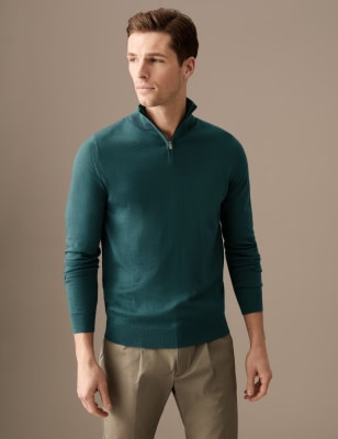 

Mens Autograph Pure Extra Fine Merino Wool Half Zip Jumper - Green, Green