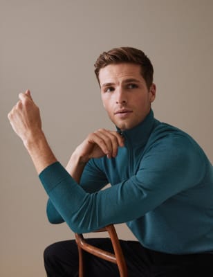 

Mens Autograph Pullover aus reiner, extrafeiner Merinowolle mit halbem Reißverschluss - Dark Green, Dark Green