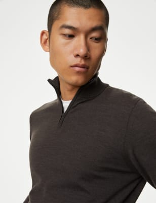 

Mens Autograph Pure Extra Fine Merino Wool Half Zip Jumper - Medium Brown, Medium Brown