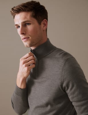 

Mens Autograph Pullover aus reiner, extrafeiner Merinowolle mit halbem Reißverschluss - Neutral, Neutral