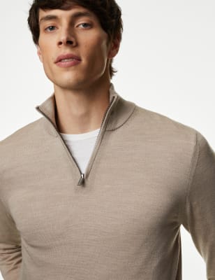 

Mens Autograph Pure Extra Fine Merino Wool Half Zip Jumper - Light Natural, Light Natural