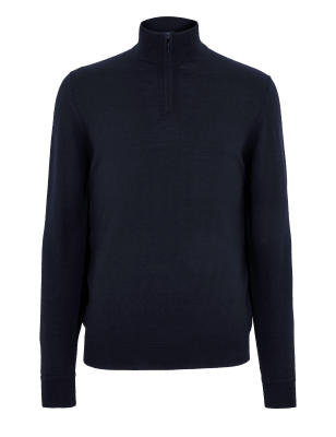 

Mens M&S Collection Pure Extra Fine Merino Half Zip Jumper - Navy, Navy