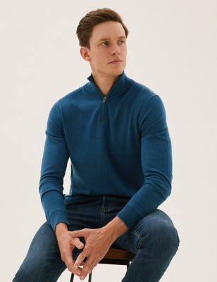 

Mens M&S Collection Pure Extra Fine Merino Half Zip Jumper - Teal, Teal