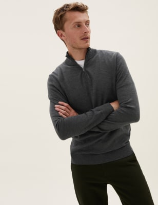 

Mens M&S Collection Pullover aus reiner, extrafeiner Merinowolle mit halbem Reißverschluss - Dark Grey, Dark Grey