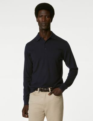 Autograph Mens Pure Extra Fine Merino Wool Knitted Polo Shirt - SREG - Navy, Navy,Black,Spice,Taupe