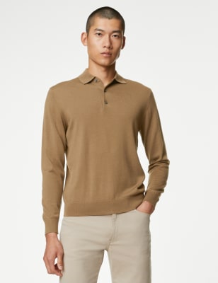 

Mens Autograph Pure Extra Fine Merino Wool Knitted Polo Shirt - Camel, Camel