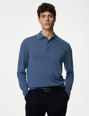 

Mens Autograph Pure Extra Fine Merino Wool Knitted Polo Shirt - Mid Blue, Mid Blue