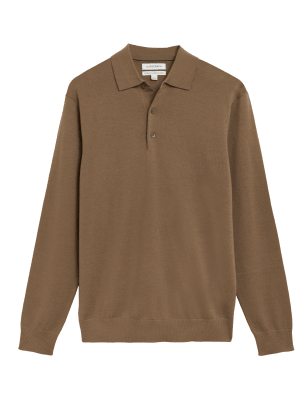 

Mens Autograph Gestricktes Poloshirt aus reiner, extrafeiner Merinowolle - Caramel, Caramel