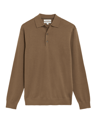 

Mens Autograph Pure Extra Fine Merino Wool Knitted Polo Shirt - Caramel, Caramel