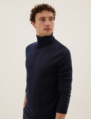

Mens M&S Collection Pure Extra Fine Merino Roll Neck Jumper - Navy, Navy