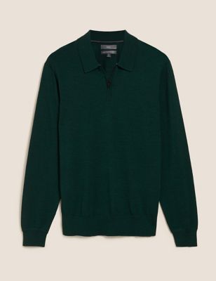 

Mens M&S Collection Pure Extra Fine Merino Zip Neck Polo Shirt - Dark Green, Dark Green