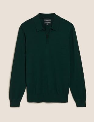 

M&S Collection Polo 100% lana de merino extrafina con cuello con cremalleraMens - Dark Green, Dark Green