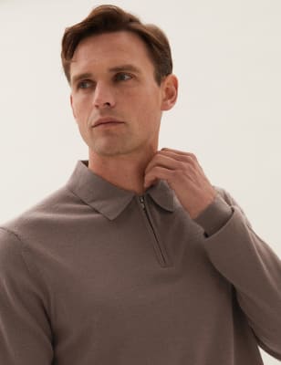 

Mens M&S Collection Poloshirt aus reiner, extrafeiner Merinowolle mit Reißverschluss - Mink, Mink