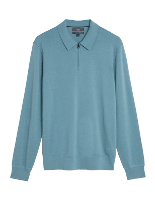 

Mens M&S Collection Poloshirt aus reiner, extrafeiner Merinowolle mit Reißverschluss - Smokey Green, Smokey Green
