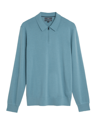 

M&S Collection Polo 100% lana de merino extrafina con cuello con cremalleraMens - Smokey Green, Smokey Green