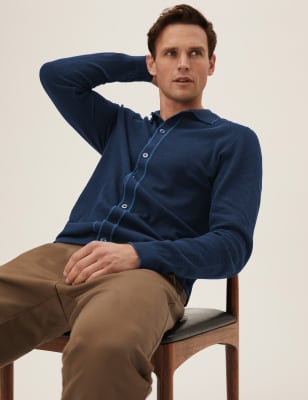 

Mens M&S Collection Cotton Blend Long Sleeve Knitted Polo - Navy, Navy