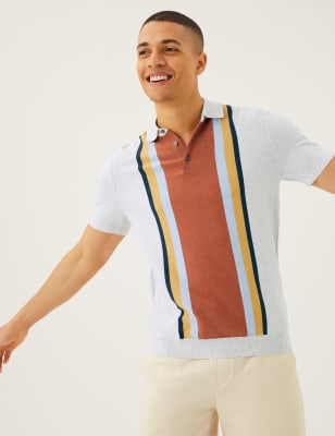 

Mens M&S Collection Gestricktes Poloshirt mit hohem Baumwollanteil und Blockfarben - Ecru Mix, Ecru Mix