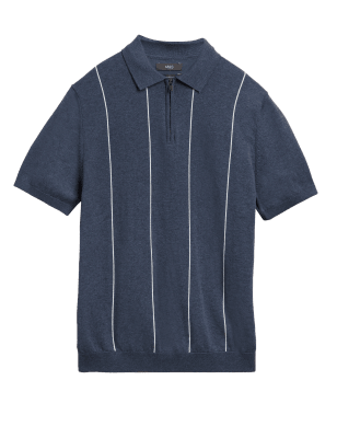 

Mens M&S Collection Cotton Rich Knitted Zip Neck Polo Shirt - Blue, Blue