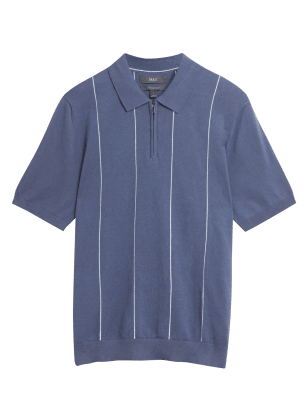 

Mens M&S Collection Strick-Poloshirt mit hohem Baumwollanteil und Reißverschlusskragen - Blue Mix, Blue Mix