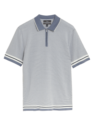 

Mens M&S Collection Cotton Rich Striped Knitted Polo Shirt - Blue Mix, Blue Mix