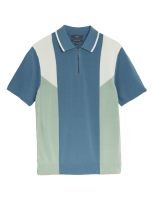 

Mens M&S Collection Cotton Blend Abstract Knitted Polo Shirt - Blue Mix, Blue Mix