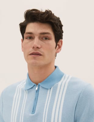 

Mens M&S Collection Cotton Rich Striped Knitted Polo Shirt - Light Blue, Light Blue