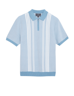 

M&S Collection Polo de punto de rayas de algodónMens - Light Blue, Light Blue