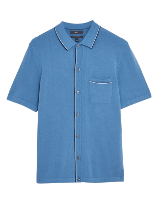 

Mens M&S Collection Gestricktes Poloshirt aus Baumwolle und Modal - Blue Mix, Blue Mix