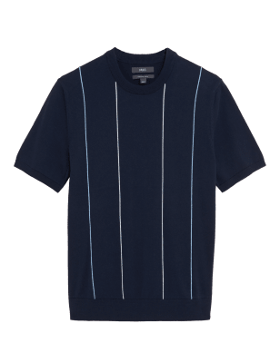 

Mens M&S Collection Cotton Rich Striped Knitted T-shirt - Navy, Navy