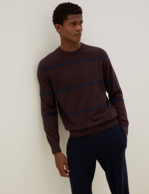 

Mens Autograph Pure Cashmere Striped Crew Neck Jumper - Burgundy, Burgundy