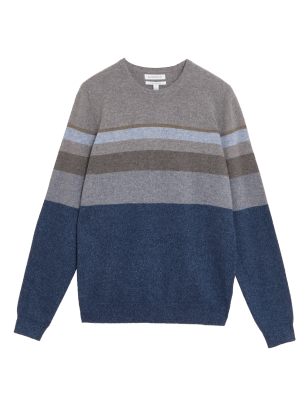 

Mens Autograph Pure Cashmere Striped Crew Neck Jumper - Blue Mix, Blue Mix