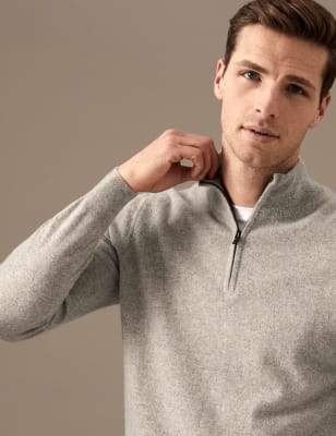 

Mens Autograph Pullover aus reinem Kaschmir mit halblangem Reißverschluss - Grey Mix, Grey Mix