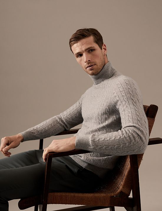 Pure Cashmere Cable Roll Neck Jumper