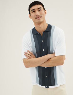 Mens M&S Collection Cotton Modal Striped Knitted Polo Shirt - Ecru Mix, Ecru Mix