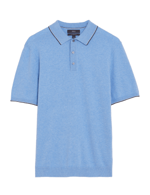 

Mens M&S Collection Cotton Rich Tipped Knitted Polo Shirt - Light Blue, Light Blue