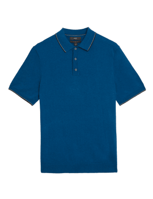 

Mens M&S Collection Strick-Poloshirt mit hohem Baumwollanteil und Kontrastelementen - Bright Blue, Bright Blue