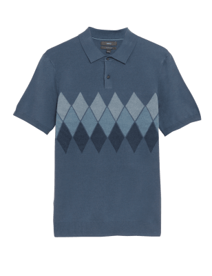 

Mens M&S Collection Cotton Rich Argyle Knitted Polo Shirt - Blue, Blue