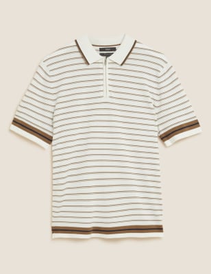 

Mens M&S Collection Cotton Rich Striped Neck Knitted Polo - Neutral, Neutral