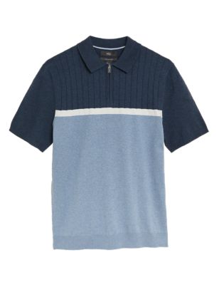 

Mens M&S Collection Cotton Rich Colour Block Knitted Polo Shirt - Blue Mix, Blue Mix