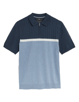 

Mens M&S Collection Cotton Rich Colour Block Knitted Polo Shirt - Blue Mix, Blue Mix