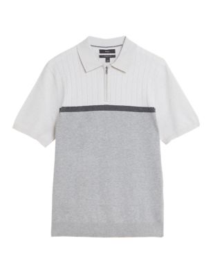 

Mens M&S Collection Cotton Rich Colour Block Knitted Polo Shirt - Grey Mix, Grey Mix