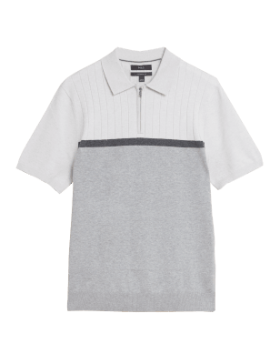 

Mens M&S Collection Cotton Rich Colour Block Knitted Polo Shirt - Grey Mix, Grey Mix