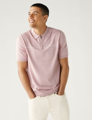 

M&S Collection Polo de punto con rayas en el pecho de modal de algodónMens - Pink Mix, Pink Mix