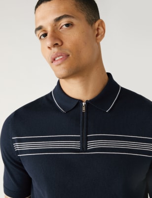 

Mens M&S Collection Strick-Poloshirt aus Baumwolle und Modal mit Streifen auf der Brust - Navy, Navy