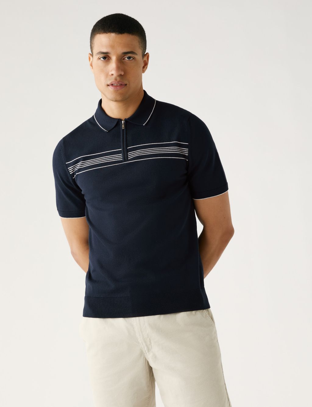 Cotton Modal Chest Stripe Knitted Polo Shirt image 3